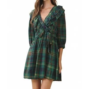 NEW TCEC plaid deep v neck wrap dress in green